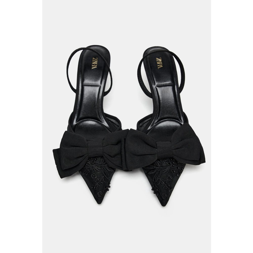 Zara Black Pointed Toe Bow Embellished Slingback Heels